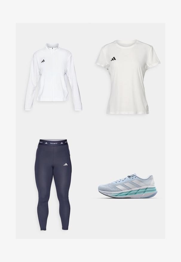 adidas Performance ADIZERO ESSENTIALS - Runningjack - white; Witte sportieve T-shirt van vochtafvoerende stof. Korte mouwen, ronde hals, met zwart logo en drie-strepenembleem op de linkerkant van de borst.; Navy fitted leggings van rekbare stof, met een contrasterend wit "TECHFIT" logo en embleem op de tailleband.; Lichtblauwe sportschoenen met een gestructureerde breitbovenkant, witte accenten en een doorzichtige groene tussenzool. Ronde neus en gevoerde kraag.
