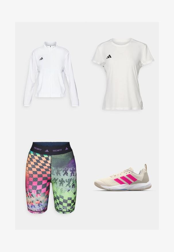 adidas Performance ADIZERO ESSENTIALS - Sportska jakna - white; Bijela atletska majica od tkanine koja upija vlagu. Kratki rukavi, okrugli izrez, s crnim logotipom i emblemom s tri pruge na lijevoj strani prsiju.; Adidas Techfit šortsevi s višebojnim karo uzorkom i геометrijskim dizajnom, izrađeni od rastezljivog materijala s udobnom elastikom.; Bež sportska cipela s ružičastim logotipom u obliku tri pruge, gornjište od teksturirane mrežice, podstavljeni ovratnik i bijela gumena đon, s "LIGHTSTRIKE" brendom.