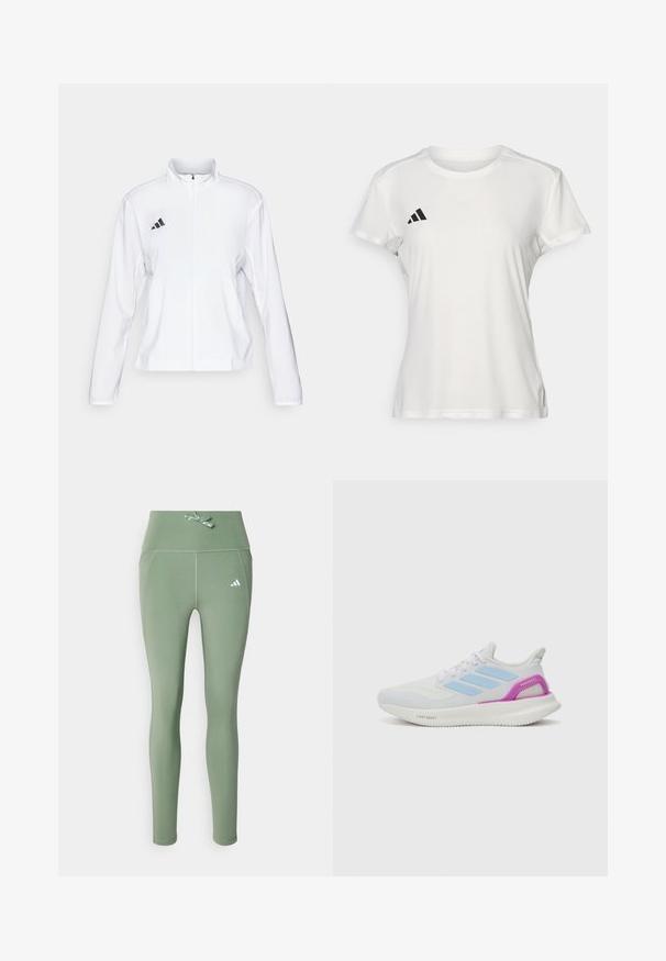 adidas Performance ADIZERO ESSENTIALS - Chaqueta de running - white; Camiseta deportiva blanca hecha de tejido que absorbe la humedad. Mangas cortas, cuello redondo, presenta un logo negro y un emblema de tres rayas en el lado izquierdo del pecho.; Leggings verdes elásticos con una cinturilla alta, que cuentan con un detalle de lazo decorativo y un pequeño logo blanco en el lado izquierdo.; adidas Performance PUREBOOST 5 - Zapatillas running asfalto - white/glow blue/purple burst