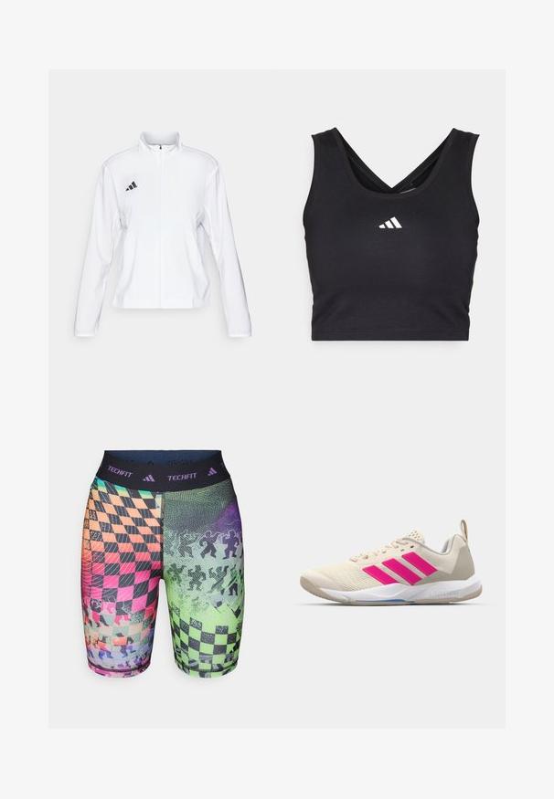 adidas Performance ADIZERO ESSENTIALS - Runningjack - white; Zwarte cropped top met een v-halsontwerp, voorzien van gekruiste bandjes aan de achterkant en een wit Adidas-logo in het midden. Gemaakt van lichtgewicht stof.; Adidas Techfit shorts met een multicolore geblokte patroon en geometrische ontwerpen, gemaakt van rekbaar materiaal met een comfortabele tailleband.; Beige sportshoe met een roze drie-strepen logo, een textuur-mesh bovenkant, een gevoerde kraag en een witte rubberen zool, met "LIGHTSTRIKE" branding.
