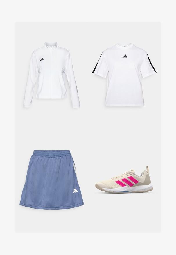 adidas Performance ADIZERO ESSENTIALS - Chaqueta de running - white; Camiseta de algodón blanca con mangas cortas, que presenta franjas laterales negras y un pequeño logo negro en el pecho. Cuello redondo clásico.; Falda atlética azul con un patrón texturizado, cinturilla elástica y un logo blanco de Adidas en la esquina inferior derecha.; Zapatilla deportiva beige con logo de tres rayas rosa, parte superior de malla texturizada, cuello acolchado y suela de goma blanca, con la marca "LIGHTSTRIKE".