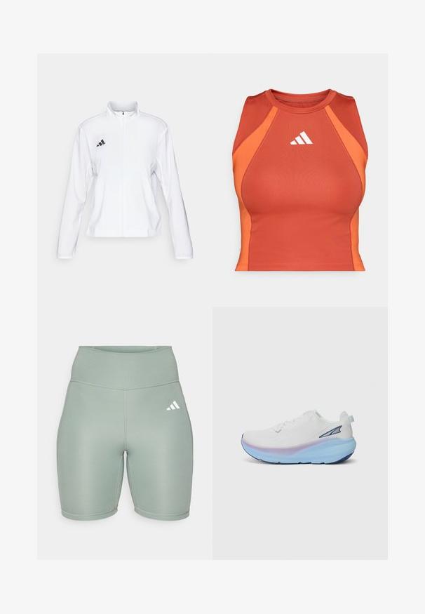 adidas Performance - Kurtka do biegania; Pomarańczowy sportowy top typu crop wykonany z gładkiego, elastycznego materiału. Posiada plecy w stylu racerback oraz biały logo z przodu.; Jasnozielone szorty sportowe z wysokim stanem, wykonane z elastycznego materiału, z płaskimi szwami i białym logo po lewej stronie.; Białe buty biegowe z teksturowaną cholewką, z gradientową podeszwą w odcieniach niebieskiego i purpury oraz małym logo akcentującym z boku.