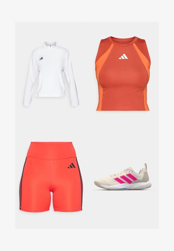 adidas Performance ADIZERO ESSENTIALS - Veste de running - white; Crop top de sport orange en matériau lisse et extensible. Présente un dos nageur et un logo blanc à l'avant.; Shorts de sport rouge vif avec taille haute, dotés de bandes latérales noires et d'un logo Adidas. Fabriqués en tissu extensible pour le confort.; Baskets de sport beiges avec un logo à trois bandes roses, tige en maille texturée, col rembourré et semelle en caoutchouc blanc, arborant le marquage "LIGHTSTRIKE".