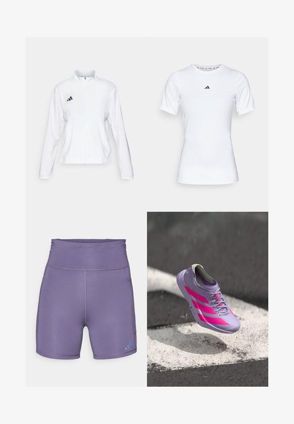 adidas Performance ADIZERO ESSENTIALS - Sportska jakna - white; Bjela atletska majica s kratkim rukavima, izrađena od glatkog, rastezljivog materijala. Na prsima se nalazi mali crni Adidas logo.; Ljubičaste sportske kratke hlače s visokim pojasom, glatkom teksturom i kontrastnim plavim logotipom na donjoj lijevoj strani. Posjeduju ravne šavove.; Svijetlo ljubičasta trkačka obuća s ružičastim prugama i naglascima, s elegantnim dizajnom, teksturiranim gornjim dijelom i podstavljenim okovratnikom. Lebdi iznad površine.