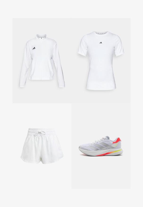 adidas Performance ADIZERO ESSENTIALS - Veste de running - white; T-shirt de sport blanc à manches courtes, fabriqué en tissu lisse et extensible. Doté d'un petit logo noir Adidas sur la poitrine.; Shorts de sport blancs avec une taille élastique et un cordon de serrage réglable. Fabriqués en matériau léger, ils sont dotés de poches latérales et d'une coupe ample.; Baskets blanches avec une tige en mesh, accents gris, bandes réfléchissantes et semelle dégradée orange-jaune vif. Comprend une semelle intermédiaire rembourrée.
