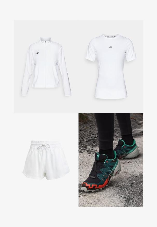 adidas Performance ADIZERO ESSENTIALS - Jachetă sport - white; Cămașă sport albă cu mâneci scurte, realizată dintr-un material neted și elastic. Prezintă un mic logo Adidas negru pe piept.; Shorts albi sportivi cu talie elastică și șnur ajustabil. Fabricate dintr-un material ușor, cu buzunare laterale și o croială largă.; Salomon SPEEDCROSS 6 GTX - Pantofi alergare trail - black/electric green/cherry tomato