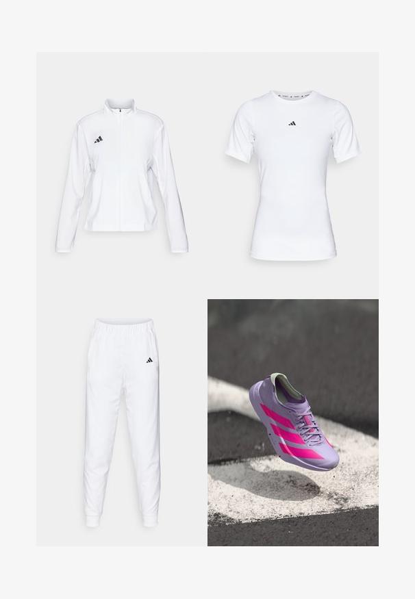 adidas Performance - Kurtka do biegania; Biała sportowa koszulka z krótkim rękawem, wykonana z gładkiego, elastycznego materiału. Posiada małe czarne logo Adidas na piersi.; Białe spodnie treningowe z elastycznym pasem i mankietami. Zawierają boczne kieszenie i małe czarne logo na lewej udzie. Gładka tkanina.; Jasnofioletowy but biegowy z różowymi paskami i akcentami, charakteryzujący się smukłym designem, fakturowanym wierzchem i wyściełanym kołnierzem. Unosi się nad powierzchnią.