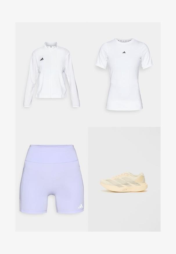 adidas Performance ADIZERO ESSENTIALS - Running jacket - white; White athletic shirt with short sleeves, made of smooth, stretch fabric. Features a small black Adidas logo on the chest.; Lilac athletic shorts made from stretch fabric, featuring a high waistband and side seams, with a white logo accent on the lower side.; Lightweight athletic shoe in pale yellow and cream, featuring a textured mesh upper, three diagonal stripes, and a thick outsole with "LIGHTSTRIKE PRO" detail.