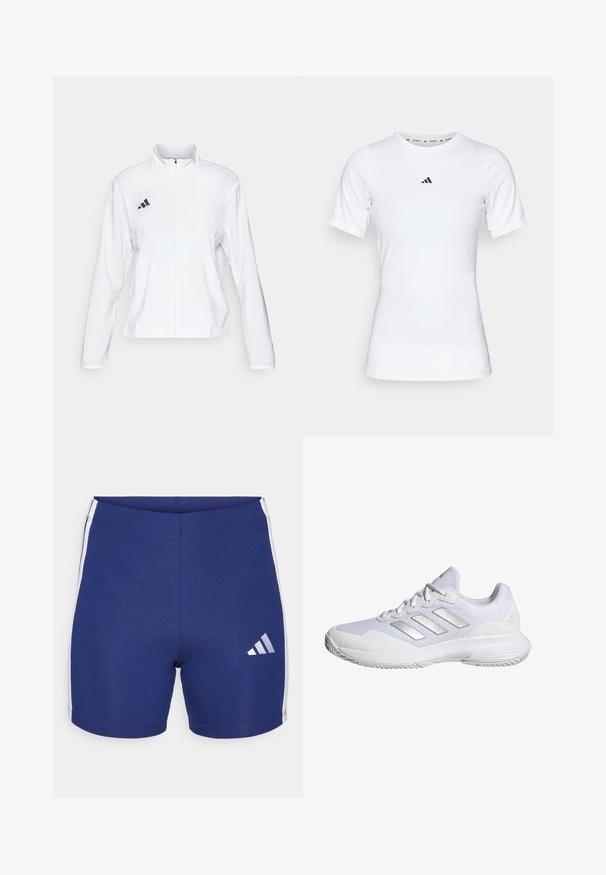 adidas Performance ADIZERO ESSENTIALS - Striukė bėgimui - white; Balta sportinė maikutė trumpomis rankovėmis, pagaminta iš lygaus, elastingo audinio. Ant krūtinės yra mažas juodas Adidas logotipas.; Tamsiai mėlyni sportiniai šortai pagaminti iš tamprių audinių, su baltais šonų dryžiais ir atspindinčiu Adidas logotipu kairiajame šone.; Balti sportiniai bateliai su tinkliniu viršumi, tekstūruotomis detalėmis ir sidabriniais akcentais. Yra paminkštintas padas ir apvalus pirštas.