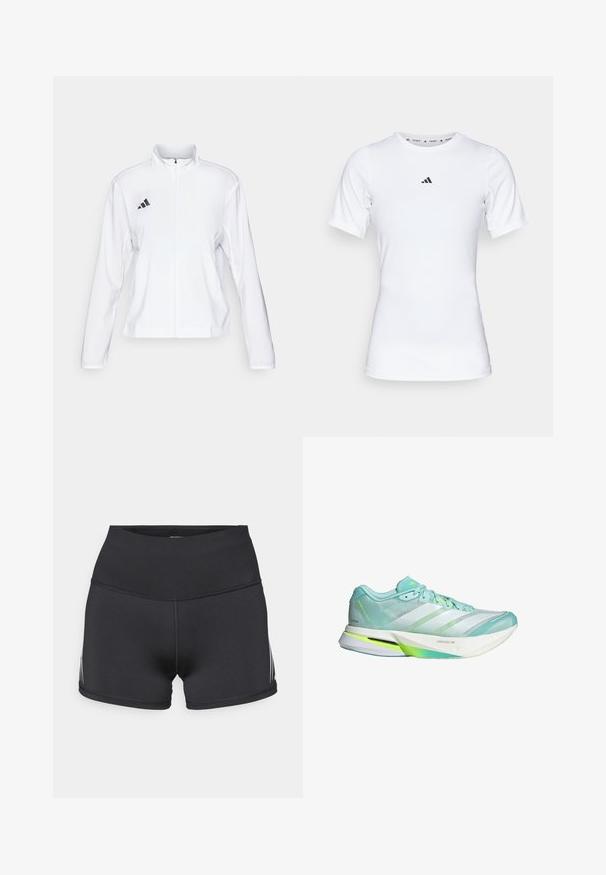 adidas Performance ADIZERO ESSENTIALS - Veste de running - white; T-shirt de sport blanc à manches courtes, fabriqué en tissu lisse et extensible. Doté d'un petit logo noir Adidas sur la poitrine.; Shorts de sport noirs avec une taille haute, fabriqués en tissu extensible. Ils présentent des bandes blanches sur les côtés et des coutures plates pour plus de confort.; Chaussure de course légère en vert menthe et blanc, avec une tige en maille et une semelle flexible. Elle présente trois rayures et un contre-pointe texturé.