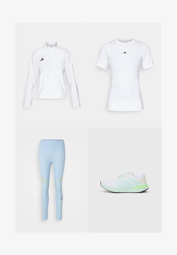 adidas Performance ADIZERO ESSENTIALS - Running jacket - white; White athletic shirt with short sleeves, made of smooth, stretch fabric. Features a small black Adidas logo on the chest.; adidas by Stella McCartney ADIDAS BY STELLA MCCARTNEY TRUEPACE LONG - Leggings - glow blue; White athletic shoe with mesh upper, lime green accents, and black sole. Features three stripes design on the side and padded collar.