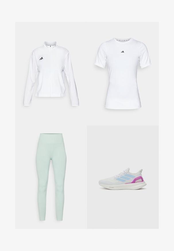 adidas Performance ADIZERO ESSENTIALS - Løpejakke - white; Hvit idrettsskjorte med korte ermer, laget av glatt, elastisk stoff. Har en liten svart Adidas-logo på brystet.; Ribbet tights i en myk mintgrønn farge. Høyt livdesign med en tettsittende passform og glatt tekstur gjennom hele stoffet.; adidas Performance PUREBOOST 5 - Løpesko for vei - white/glow blue/purple burst