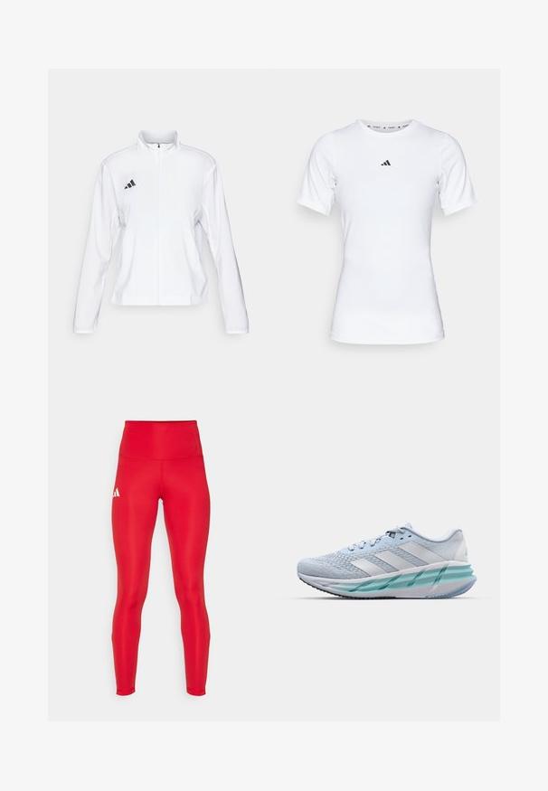 adidas Performance ADIZERO ESSENTIALS - Running jacket - white; White athletic shirt with short sleeves, made of smooth, stretch fabric. Features a small black Adidas logo on the chest.; adidas Performance Running tights - team power red; Light blue athletic shoes with a textured knit upper, white accents, and a transparent green midsole. Rounded toe and padded collar.