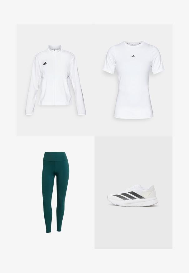 adidas Performance - Kurtka do biegania; Biała sportowa koszulka z krótkim rękawem, wykonana z gładkiego, elastycznego materiału. Posiada małe czarne logo Adidas na piersi.; Turkusowe legginsy z wysokim stanem, wykonane z elastycznej tkaniny, o gładkiej fakturze i dopasowanym kroju, idealne do aktywności fizycznej.; Białe buty sportowe z czarnymi przekątnymi paskami, siateczkowa cholewka, zaokrąglony nos oraz teksturowana podeszwa. Akcenty obejmują srebrny obcas i minimalistyczny design.