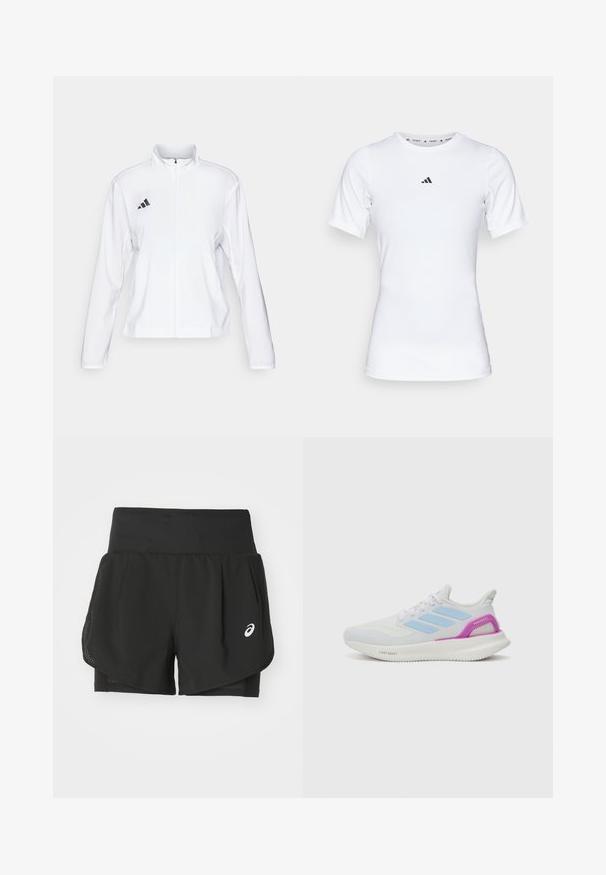 adidas Performance ADIZERO ESSENTIALS - Sportdzseki - white; Fehér sportpóló, rövid ujjú, sima, rugalmas anyagból készült. Kicsi fekete Adidas logó található a mellkasán.; Fekete sportos rövidnadrág, lélegző hálós felső résszel, sima textúrájú belső rövidnadrággal, és fehér logóval a bal oldalon.; adidas Performance PUREBOOST 5 - Utcai futócipők - white/glow blue/purple burst