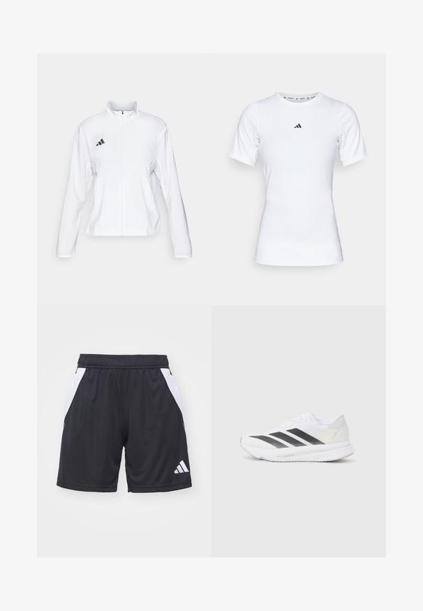adidas Performance ADIZERO ESSENTIALS - Løpejakke - white; Hvit idrettsskjorte med korte ermer, laget av glatt, elastisk stoff. Har en liten svart Adidas-logo på brystet.; Sorte treningsshorts laget av lett materiale, med hvite sidestykker og elastisk midje. Inkluderer Adidas-logo i hvitt.; Hvit sportssko med svarte diagonale striper, mesh-overdel, rund tå og teksturert såle. Detaljene inkluderer en sølvfarget hæl og minimalistisk design.