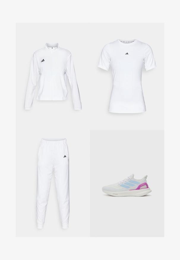 adidas Performance ADIZERO ESSENTIALS - Løpejakke - white; Hvit idrettsskjorte med korte ermer, laget av glatt, elastisk stoff. Har en liten svart Adidas-logo på brystet.; Hvite treningseffekter med elastisk midje og mansjetter. Har sidelommer og en liten svart logo på venstre lår. jevnt stofffinish.; adidas Performance PUREBOOST 5 - Løpesko for vei - white/glow blue/purple burst