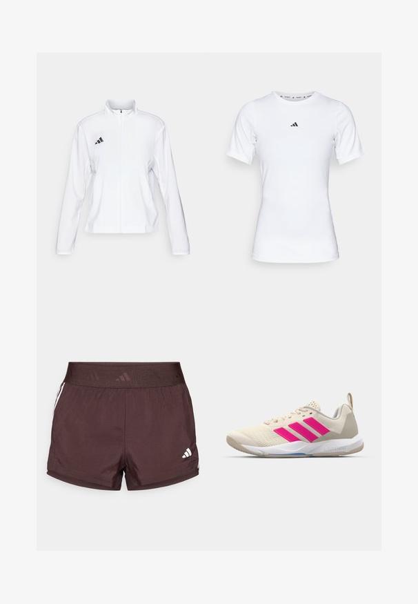 adidas Performance ADIZERO ESSENTIALS - Běžecká bunda - white; Bílé sportovní tričko s krátkým rukávem, vyrobené z hladké, elastické látky. Na hrudi se nachází malé černé logo Adidas.; Hnědé sportovní šortky s texturovaným elastickým pasem, které mají bílé boční pruhy a malé logo na pravém dolním okraji.; Béžová sportovní obuv s růžovým logem tří pruhů, texturovaným síťovaným svrškem, polstrovaným límcem a bílou gumovou podešví, s označením "LIGHTSTRIKE".