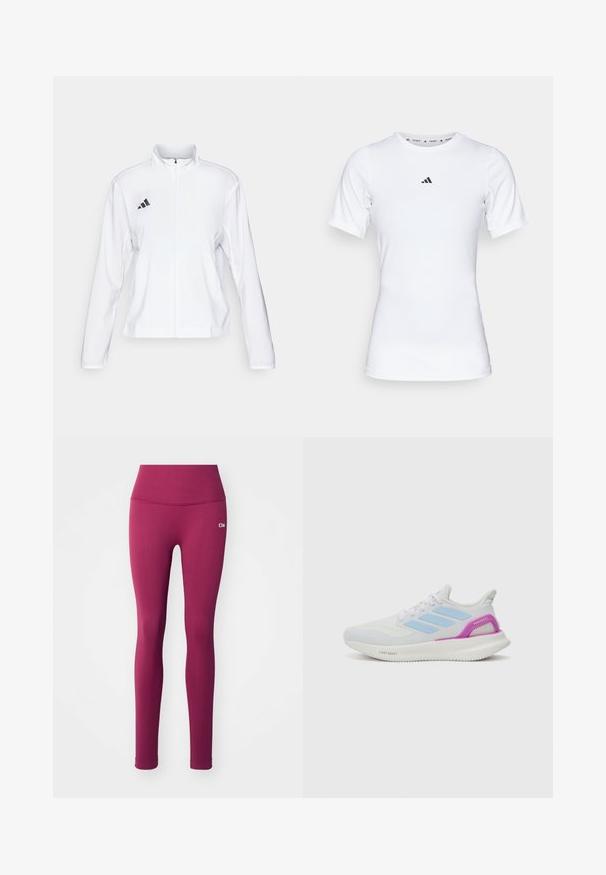 adidas Performance ADIZERO ESSENTIALS - Løbejakker - white; Hvid atletisk skjorte med korte ærmer, lavet af glat, strækbart stof. Har et lille sort Adidas-logo på brystet.; Lilla ribbede leggings med høj talje og et lille hvidt logo. Stoffet ser elastisk og glat ud, velegnet til activewear.; adidas Performance PUREBOOST 5 - Løbesko til landevejen - white/glow blue/purple burst