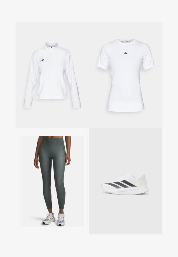 adidas Performance ADIZERO ESSENTIALS - Športna jakna - white; Bela športna majica s kratkimi rokavi, narejena iz gladkega, elastičnega materiala. Na prsih ima majhen črn logotip Adidas.; Hlače z visokim pasom v umirjeni zeleni barvi, izdelane iz gladkega, raztegljivega materiala z bočnimi šivi in prilegajočim dizajnom.; Bela atletska čevlja z črnimi diagonali, mrežastim zgornjim delom, zaobljenim nosom in teksturirano podplatom. Dodatki vključujejo srebrno peto in minimalističen dizajn.