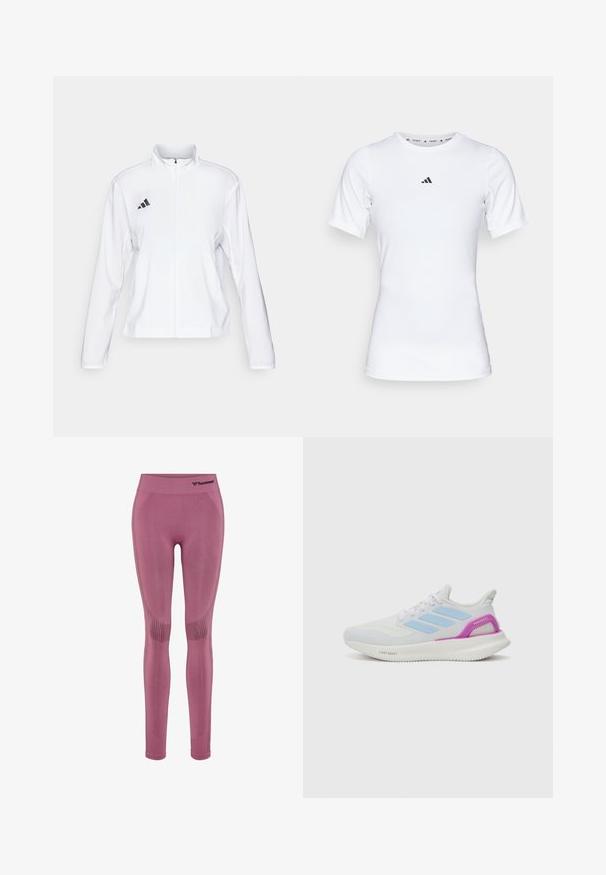 adidas Performance ADIZERO ESSENTIALS - Runningjack - white; Witte sportshirt met korte mouwen, gemaakt van zachte, rekbare stof. Voorzien van een klein zwart Adidas-logo op de borst.; Geveste legging in een zachte mauve kleur, met ademende meshpanelen en een elastische tailleband met het Hummel-logo op de taille.; adidas Performance PUREBOOST 5 - Hardloopschoenen voor op de weg - white/glow blue/purple burst