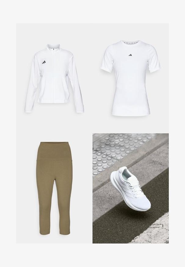 adidas Performance ADIZERO ESSENTIALS - Running jacket - white; White athletic shirt with short sleeves, made of smooth, stretch fabric. Features a small black Adidas logo on the chest.; Olive green capri leggings made of soft, stretchy fabric; features a wide waistband for support and seamless design for comfort.; White athletic shoe featuring a mesh upper, lace-up design, and textured sole. Subtle branding and seamless construction details visible.