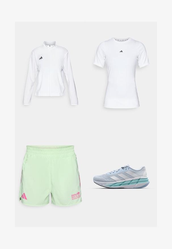 adidas Performance ADIZERO ESSENTIALS - Chaqueta de running - white; Camiseta deportiva blanca de manga corta, hecha de una tela suave y elástica. Presenta un pequeño logo negro de Adidas en el pecho.; adidas Performance BER25 OTR SHORTS - Pantalón corto de deporte - semi green spark; Zapatillas deportivas azul claro con un upper de punto texturizado, acentos blancos y una suela intermedia verde transparente. Punta redondeada y cuello acolchado.