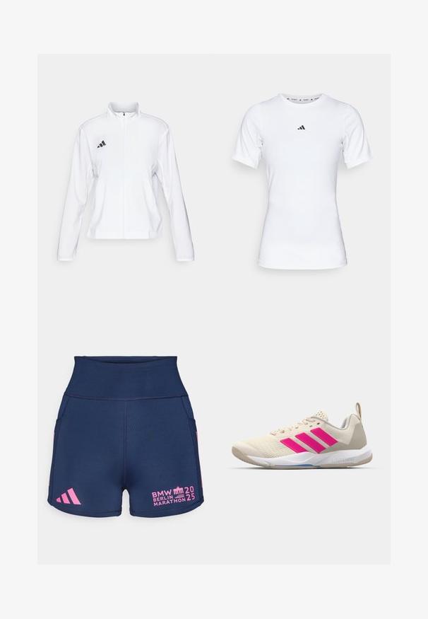 adidas Performance ADIZERO ESSENTIALS - Running jacket - white; White athletic shirt with short sleeves, made of smooth, stretch fabric. Features a small black Adidas logo on the chest.; adidas Performance BER25 SHORT THIGHTS - Short running tights - collegiate navy; Beige athletic shoe with pink three-stripe logo, textured mesh upper, padded collar, and white rubber sole, featuring "LIGHTSTRIKE" branding.