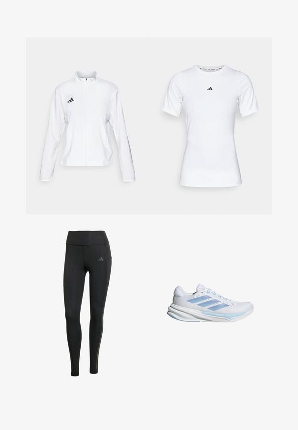 adidas Performance ADIZERO ESSENTIALS - Laufjacke - white; Weißes Sportshirt mit kurzen Ärmeln, aus glattem, dehnbarem Stoff. Mit kleinem schwarzem Adidas-Logo auf der Brust.; Schwarze sportliche Leggings aus dehnbarem Material, mit hohem Bund, tonal abgesteppt und mit einem kleinen Logo auf dem oberen linken Bein.; Weiße Laufschuhe mit hellblauen Akzenten, atmungsaktives Mesh-Obermaterial, Drei-Streifen-Design, gepolsterte Sohle und strukturierte Traktionslaufsohle.