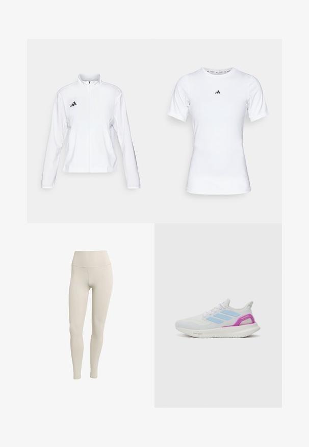 adidas Performance ADIZERO ESSENTIALS - Giacca da running - white; Maglietta sportiva bianca a maniche corte, realizzata in tessuto liscio e elasticizzato. Presenta un piccolo logo Adidas nero sul petto.; Leggings beige realizzati in tessuto elasticizzato con una vita alta. Superficie liscia, design aderente, nessun motivo o hardware visibile.; adidas Performance PUREBOOST 5 - Scarpe da corsa su strada - white/glow blue/purple burst