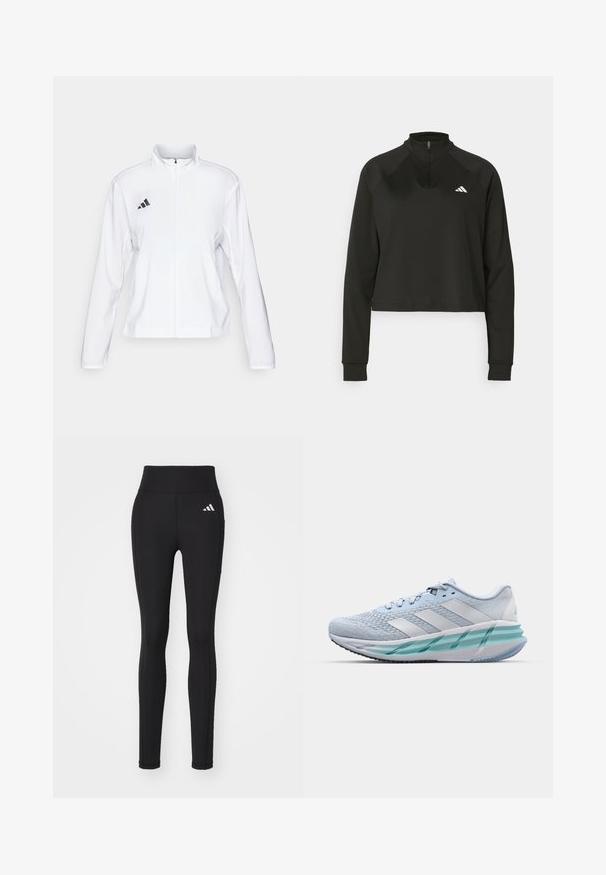 adidas Performance ADIZERO ESSENTIALS - Laufjacke - white; Schwarzer Pullover mit Viertelreißverschluss aus glattem Stoff, langärmlig, mit hohem Kragen und einem weißen Logo auf der linken Brust.; Schwarze Sportleggings mit hohem Taillenbund, aus dehnbarem Stoff. Mit einem weißen Logo an der Hüfte und einfarbigem Design.; Helle blaue Sportschuhe mit einem strukturierten Strickobermaterial, weißen Akzenten und einer transparenten grünen Zwischensohle. Abgerundete Zehenpartie und gepolsterter Schaft.