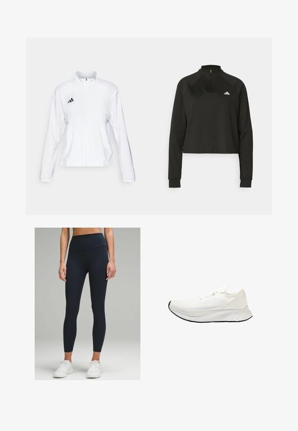adidas Performance - Kurtka do biegania; Czarny pulower typu quarter-zip wykonany z gładkiego materiału, z długimi rękawami, posiadający wysoki kołnierz oraz biały logotyp po lewej stronie klatki piersiowej.; Legginsy o wysokim stanie, dopasowane, w ciemnym odcieniu granatu, wykonane z elastycznego materiału. Charakteryzują się gładką teksturą i brakiem widocznych wzorów czy akcentów.; Białe buty do biegania z siateczkową cholewką, lekką konstrukcją, gładką zaokrągloną podeszwą i czarną gumową podeszwą. Posiada płaskie sznurówki i minimalne akcenty.