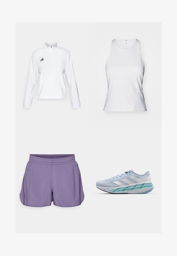 adidas Performance ADIZERO ESSENTIALS - Runningjack - white; Witte mouwloze sporttop met een ronde hals, een gladde textuur en een subtiele tonal logo op de borst. Rechte zoom aan de taille.; Lavendelkleurige sportshorts met een elastische tailleband, zijsplitten en een soepele, lichte stof. Eenvoudig ontwerp zonder extra accenten.; Lichtblauwe sportschoenen met een gestructureerde breitbovenkant, witte accenten en een doorzichtige groene tussenzool. Ronde neus en gevoerde kraag.