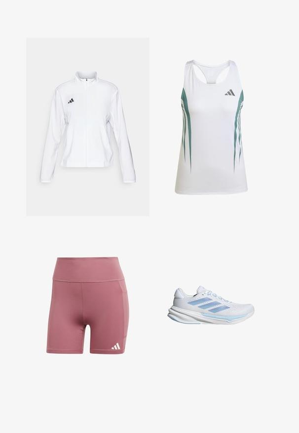 adidas Performance ADIZERO ESSENTIALS - Löparjacka - white; Vit sporttopp med turkosa detaljer och ett geometriskt mönster. Har en racerback-design och ett lätt, texturerat tyg.; Rosa idrottsshorts i slät tyg, med ett högt midjeband, sidoficka och en vit tre-randslogotyp på den nedre kanten.; Vita löparskor med ljusblå accenter, andningsbart nätöverdel, tre-randsdesign, dämpad sula och strukturerad dragkraftssula.