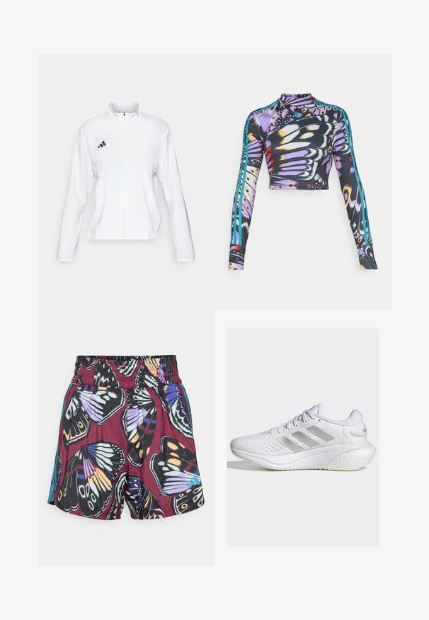 adidas Performance ADIZERO ESSENTIALS - Runningjack - white; Langermige, cropped sporttop met een kleurrijk patroon van vlindervleugels en teal drie-streepdetails op de mouwen.; Shorts met een levendig vlinderprint in tinten paars, zwart en oranje. Elastische tailleband met subtiele zijaccenten in turquoise.; Witte sportieve schoen met een gemêleerd mesh bovenwerk, zilveren drie-strepen ontwerp, gevoerde zool en ronde hak. Beschikt over een vetersluiting en een gevoerde tong.