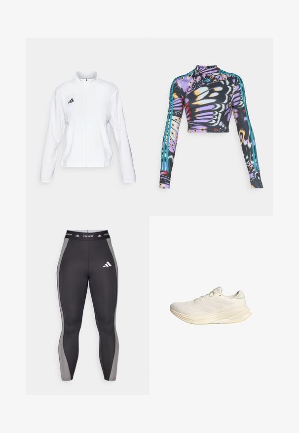 adidas Performance ADIZERO ESSENTIALS - Løpejakke - white; Langermet, cropped treningstop med fargerikt sommerfuglvingemønster og turkise tre-striper på ermene.; Sorte sports leggings med grå sidepaneler, med en Techfit midje og et adidas-logo på venstre lår. Glatt, elastisk stoff.; Lys beige treningsko med mesh-overdel, flate snøring og polstret såle. Har tre striper design på siden.