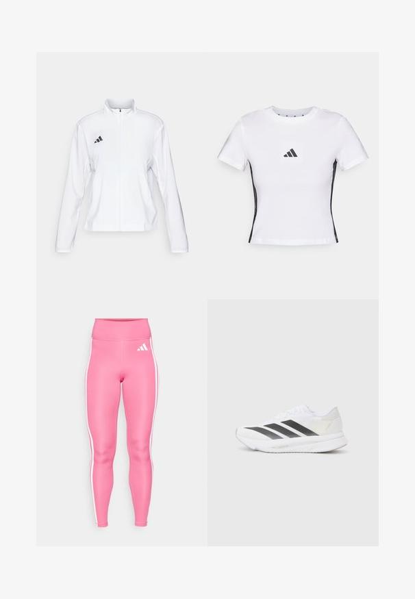 adidas Performance ADIZERO ESSENTIALS - Chaqueta de running - white; Camiseta blanca de manga corta fabricada en algodón, con un logo de Adidas negro en un parche cuadrado y acentos laterales negros. Cuello redondo clásico.; Leggings rosas con una cintura alta, hechos de material elástico, con rayas laterales blancas y un logo blanco en el muslo superior.; Zapatilla deportiva blanca con rayas diagonales negras, parte superior de malla, punta redondeada y suela texturizada. Los acentos incluyen un talón plateado y un diseño minimalista.