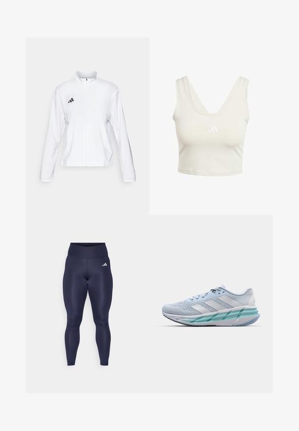 adidas Performance ADIZERO ESSENTIALS - Runningjack - white; Lichtbeige crop top met een v-hals, gemaakt van gladde stof. Bevat een klein wit logo op de borst en brede schouderbanden.; adidas Performance Tights - legend ink; Lichtblauwe sportschoenen met een gestructureerde breitbovenkant, witte accenten en een doorzichtige groene tussenzool. Ronde neus en gevoerde kraag.