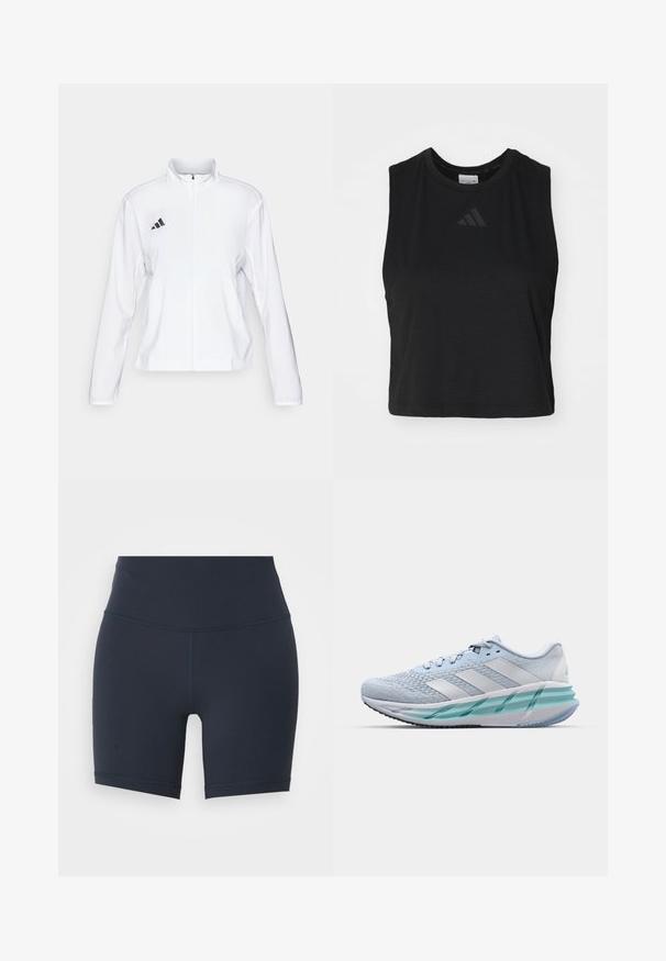 adidas Performance ADIZERO ESSENTIALS - Giacca da running - white; Top corto senza maniche nero realizzato in soffice tessuto, con scollo rotondo e un delicato logo in rilievo sul petto.; Pantaloni sportivi a vita alta di colore blu navy, realizzati in materiale elastico, con una texture liscia e cuciture a contrasto lungo le cuciture.; Scarpe da ginnastica azzurro chiaro con tomaia in maglia testurizzata, accenti bianchi e suola intermedia verde trasparente. Punta rotonda e colletto imbottito.