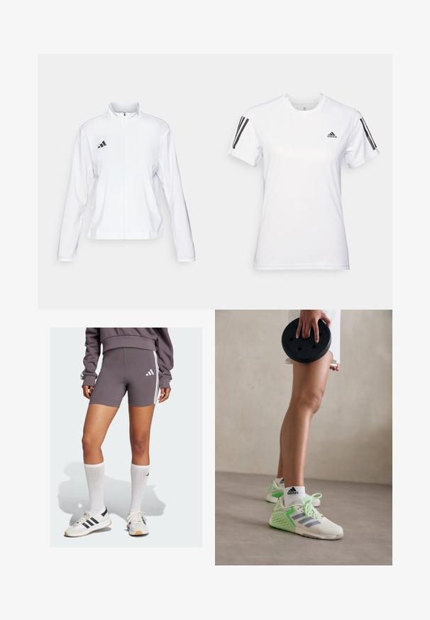 adidas Performance ADIZERO ESSENTIALS - Laufjacke - white; Weißes Sport-T-Shirt aus glattem, leichtem Stoff. Mit schwarzen Drei-Streifen-Akzenten auf den Schultern und einem kleinen schwarzen Logo auf der Brust.; Graue Sportshorts mit weißen Seitenstreifen, aus einem glatten Stoff gefertigt. Kombiniert mit weißen Kniestrümpfen und Sneakers mit schwarzen Akzenten.; Leichte Sportschuhe mit einer Farbgestaltung in Creme und Mint, Obermaterial aus Netzgewebe, strukturierten seitlichen Details und Schnürsenkeln für einen sicheren Sitz.