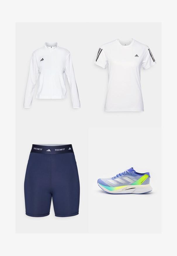 adidas Performance ADIZERO ESSENTIALS - Runningjack - white; Witte sportieve t-shirt gemaakt van glad, lichtgewicht materiaal. Heeft zwarte drie-streep-accenten op de schouders en een klein zwart logo op de borst.; Marineblauwe sportshorts met een gladde textuur, elastische tailleband met "TECHFIT" en logo met drie strepen, nauwsluitend ontwerp, minimale naden.; adidas Performance ADIZERO BOSTON 12 - Hardloopschoenen voor op de weg - light blue