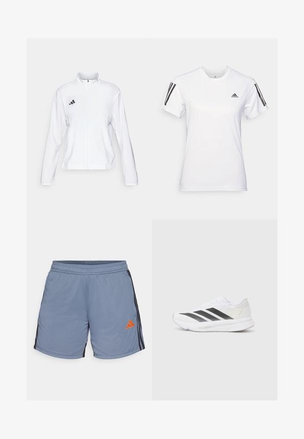 adidas Performance ADIZERO ESSENTIALS - Runningjack - white; Witte sportieve t-shirt gemaakt van glad, lichtgewicht materiaal. Heeft zwarte drie-streep-accenten op de schouders en een klein zwart logo op de borst.; Lichtblauwe sportshorts met een elastische tailleband, zwarte zijstrepen en een oranje adidas-logo aan de onderkant aan de linkerkant.; Witte sportschoen met zwarte diagonale strepen, bovenwerk van gaas, ronde neus en gestructureerde zool. Accenten zijn onder andere een zilveren hak en een minimalistisch ontwerp.