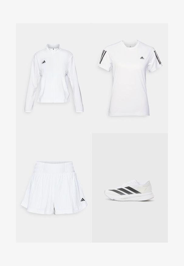 adidas Performance ADIZERO ESSENTIALS - Laufjacke - white; Weißes Sport-T-Shirt aus glattem, leichtem Stoff. Mit schwarzen Drei-Streifen-Akzenten auf den Schultern und einem kleinen schwarzen Logo auf der Brust.; adidas Performance TENNIS PRO AEROREADY SEERSUCKER - Kurze Sporthose - white; Weißer Sportschuh mit schwarzen diagonalen Streifen, Mesh-Obermaterial, abgerundetem Zehenbereich und strukturiertem Profil. Akzente sind ein silberner Heel und ein minimalistisches Design.