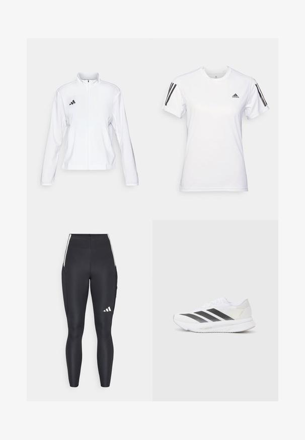 adidas Performance ADIZERO ESSENTIALS - Laufjacke - white; Weißes Sport-T-Shirt aus glattem, leichtem Stoff. Mit schwarzen Drei-Streifen-Akzenten auf den Schultern und einem kleinen schwarzen Logo auf der Brust.; Schwarze Sportleggings aus dehnbarem Material. Merkmale weiße Seitenelemente und ein adidas-Logo am unteren Bein. Insgesamt glatte Textur.; Weißer Sportschuh mit schwarzen diagonalen Streifen, Mesh-Obermaterial, abgerundetem Zehenbereich und strukturiertem Profil. Akzente sind ein silberner Heel und ein minimalistisches Design.