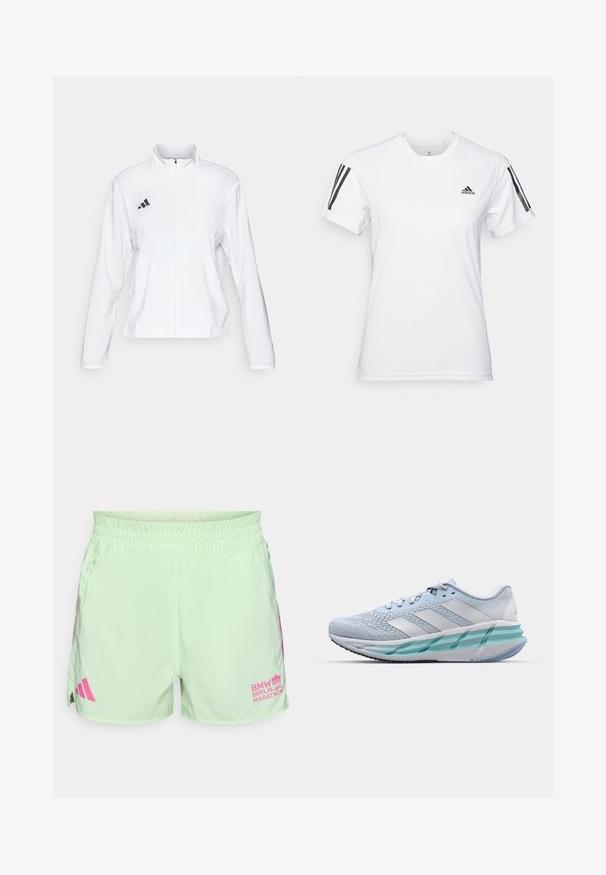 adidas Performance ADIZERO ESSENTIALS - Laufjacke - white; Weißes Sport-T-Shirt aus glattem, leichtem Stoff. Mit schwarzen Drei-Streifen-Akzenten auf den Schultern und einem kleinen schwarzen Logo auf der Brust.; adidas Performance BER25 OTR SHORTS - Kurze Sporthose - semi green spark; Helle blaue Sportschuhe mit einem strukturierten Strickobermaterial, weißen Akzenten und einer transparenten grünen Zwischensohle. Abgerundete Zehenpartie und gepolsterter Schaft.