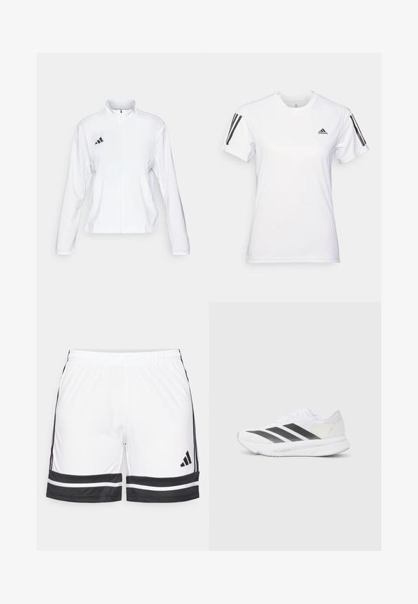 adidas Performance ADIZERO ESSENTIALS - Laufjacke - white; Weißes Sport-T-Shirt aus glattem, leichtem Stoff. Mit schwarzen Drei-Streifen-Akzenten auf den Schultern und einem kleinen schwarzen Logo auf der Brust.; Weiße Sportshorts mit schwarzen Akzenten, ausgestattet mit einem dehnbaren Bund und kontrastierenden schwarzen Streifen entlang des Saums und der Seiten.; Weißer Sportschuh mit schwarzen diagonalen Streifen, Mesh-Obermaterial, abgerundetem Zehenbereich und strukturiertem Profil. Akzente sind ein silberner Heel und ein minimalistisches Design.