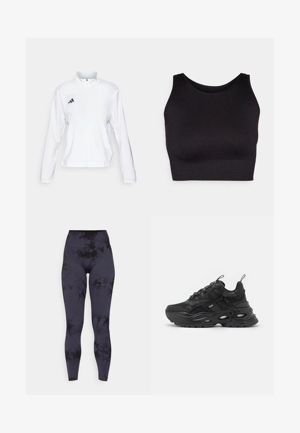 adidas Performance ADIZERO ESSENTIALS - Runningjack - white; Zwarte geribbelde crop top met een hoge halslijn en brede armsgaten, uitgevoerd in een zachte, rekbare stof voor comfort en een naadloos ontwerp.; Hoge taille legging gemaakt van rekbare stof, met een zwart en donkergrijs tie-dye patroon, met een gladde textuur en een enkellange snit.; Zwarte sportieve sneaker met een bovenwerk van mesh en synthetisch leer, ronde neus, robuuste zool met uitsparingen en patroonveters.