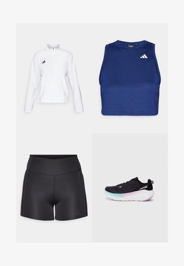 adidas Performance ADIZERO ESSENTIALS - Bežecká bunda - white; Námornícky modrý bezrukávový tréningový crop top s okrúhlym výstrihom. Obsahuje hladkú tkaninu a biele logo Adidas na oblasti ľavej hrudi.; Čierne atletické šortky vyrobené z pružného materiálu, so širokým pásom, plochými švami a decentným logom Adidas v dolnom rohu.; Čierna bežecká obuv s ľahkým sieťovaným vrchom, gradientná podošva prechádzajúca od svetlo modrej po fialovú a reflexné detaily.