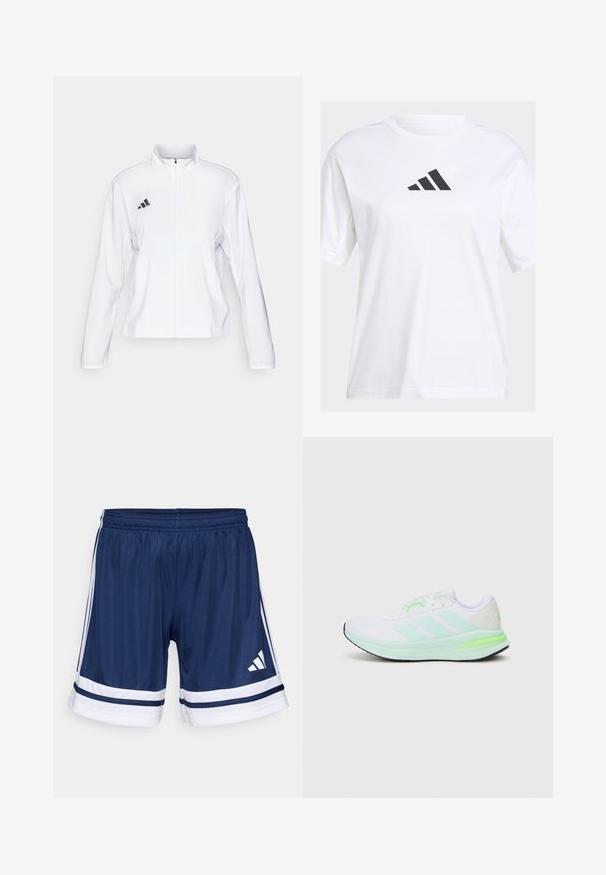 adidas Performance ADIZERO ESSENTIALS - Løpejakke - white; Hvit bomulls t-skjorte med en svart Adidas-logo i trekantdesign på brystet, med korte ermer og en avslappet passform.; Mørkeblå treningsshorts laget av lett stoff, med hvite detaljer og tre hvite striper på sidene. Justerbar elastisk midjebånd.; Hvit treningstype sko med mesh-overdel, limegrønne detaljer og svart såle. Har tre striper-design på siden og polstret krage.
