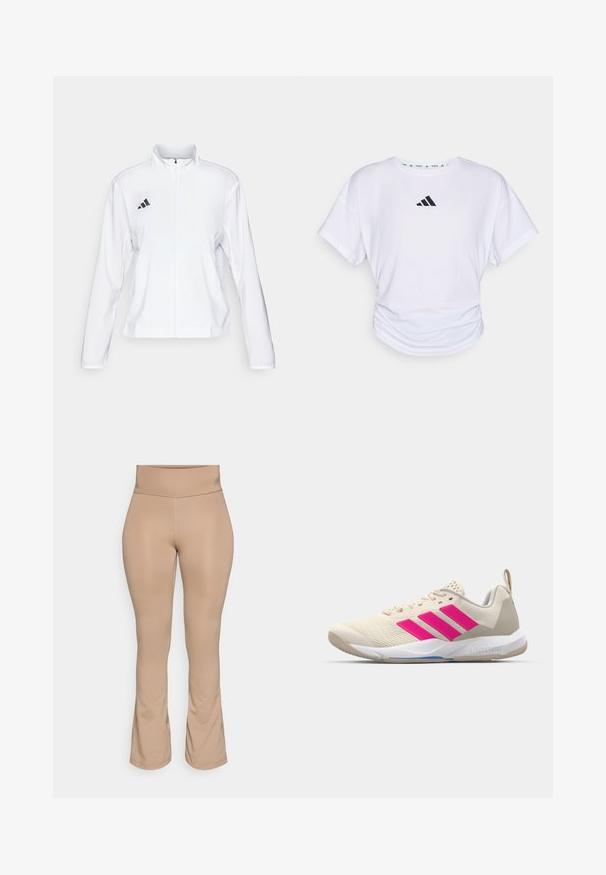 adidas Performance ADIZERO ESSENTIALS - Veste de running - white; T-shirt blanc à manches courtes avec un col rond, arborant un logo Adidas noir sur le haut de la poitrine et une texture froncée au niveau de la taille.; Leggings couleur nude avec une taille haute, un ourlet évasé, une texture lisse, sans motifs visibles ni détails de quincaillerie.; Baskets de sport beiges avec un logo à trois bandes roses, tige en maille texturée, col rembourré et semelle en caoutchouc blanc, arborant le marquage "LIGHTSTRIKE".
